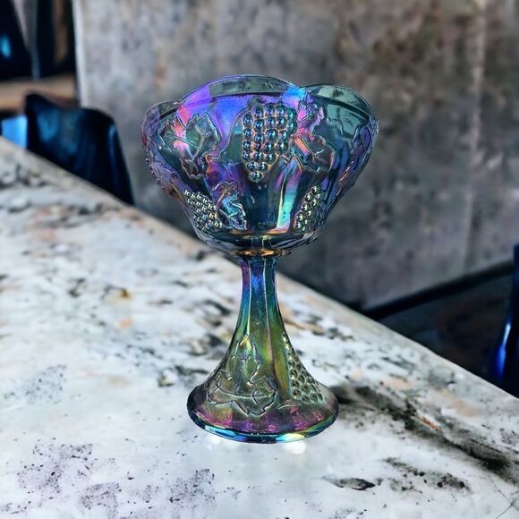 Vintage Indiana Glass Harvest Grape Blue Carnival Compote W/Lid Vintage - Picture 9 of 15